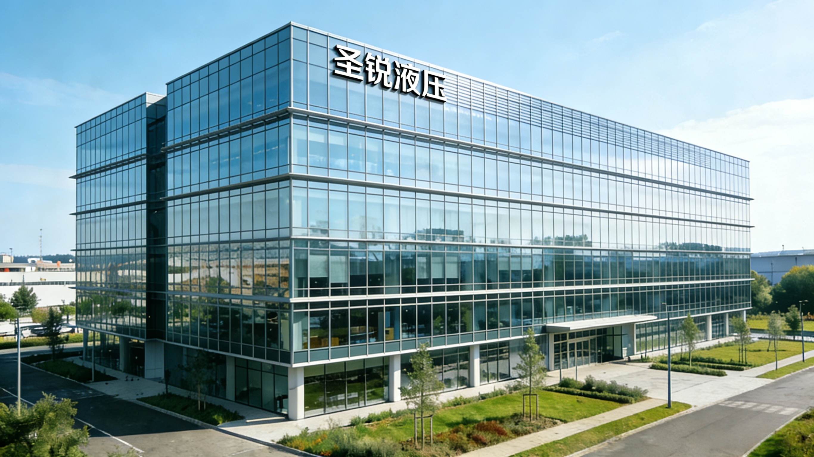 现代化工业厂房外观,大型钢结构建筑,蓝天白云背景,体现公司规模实力